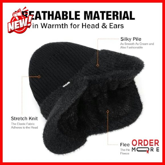 Fleece Lined Winter Beanie with Brim and Ear Flaps, Unisex Thermal Hat main image 5